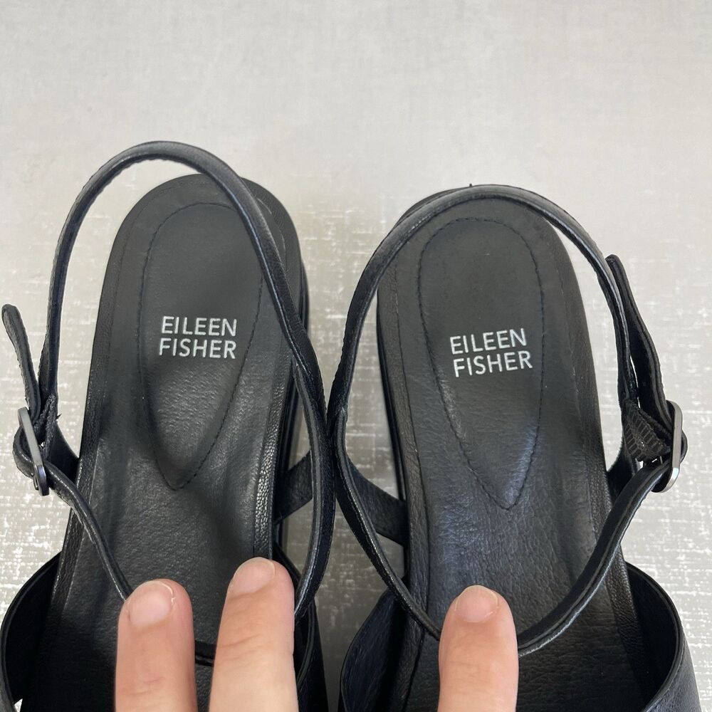 Eileen Fisher Juno Black Leather Platform Sandals 9.5 Ankle Straps Minimalist - Picture 4 of 12